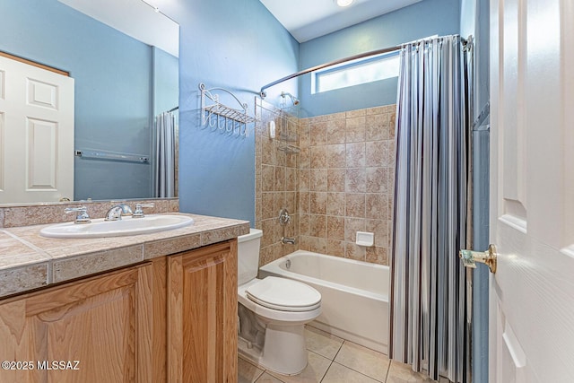 bathroom with tile patterned floors, shower / tub combo with curtain, toilet, and vanity