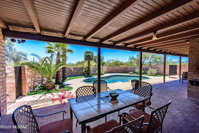 view of patio featuring a fenced in pool, a fenced backyard, and outdoor dining area