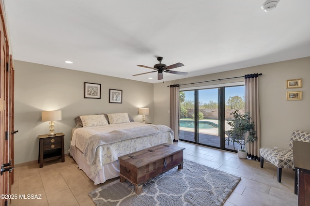bedroom featuring ceiling fan, access to outside, recessed lighting, and light tile patterned flooring