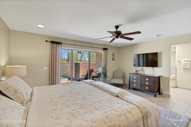 tiled bedroom with ceiling fan, ensuite bath, access to exterior, recessed lighting, and baseboards