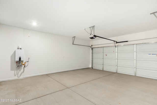 garage featuring a garage door opener, water heater, and baseboards