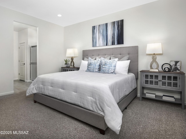 carpeted bedroom with baseboards and recessed lighting