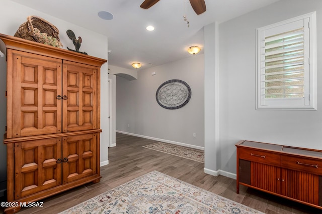 6505 W Sugar Pine Trl, Tucson, AZ 85743 - entryway with arched walkways, a ceiling fan, wood finished floors, baseboards, and recessed lighting