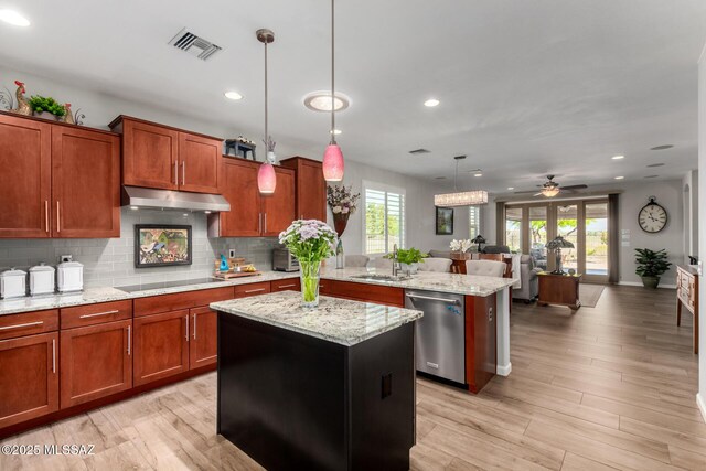 6505 W Sugar Pine Trl, Tucson, AZ 85743 - kitchen featuring stainless steel dishwasher, black electric cooktop, a peninsula, a sink, and ceiling fan