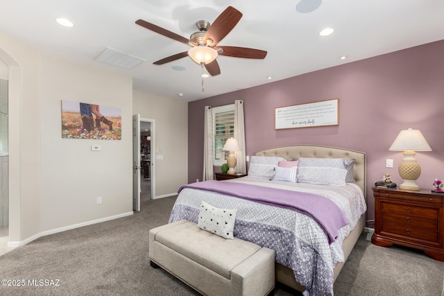6505 W Sugar Pine Trl, Tucson, AZ 85743 - bedroom featuring carpet floors, baseboards, ceiling fan, arched walkways, and recessed lighting