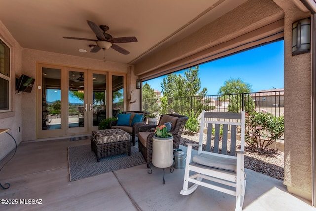 6505 W Sugar Pine Trl, Tucson, AZ 85743 - view of patio featuring french doors, a ceiling fan, and fence