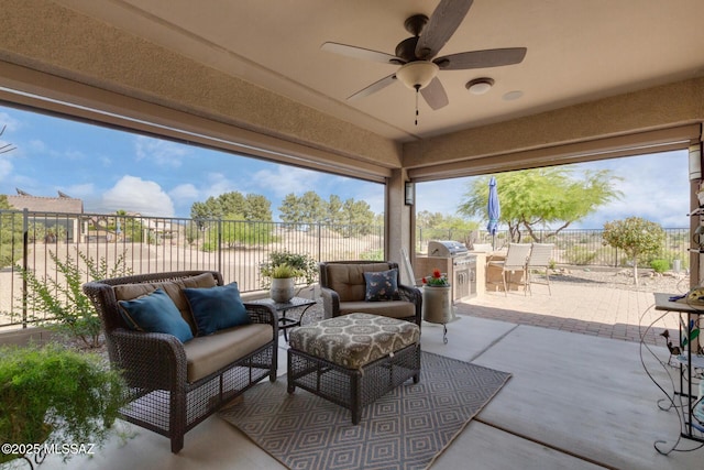 6505 W Sugar Pine Trl, Tucson, AZ 85743 - view of patio with a ceiling fan, a fenced backyard, and outdoor dining area
