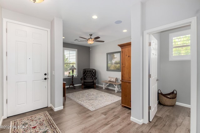 6505 W Sugar Pine Trl, Tucson, AZ 85743 - entryway with light wood-style floors, baseboards, a ceiling fan, and recessed lighting