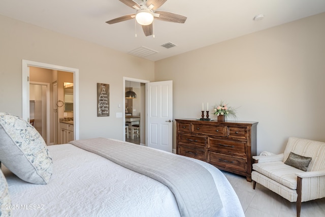 bedroom with visible vents, a ceiling fan, and ensuite bathroom