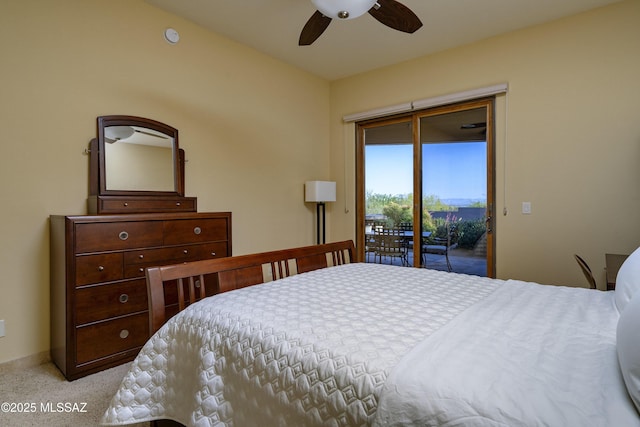 bedroom with carpet floors, access to outside, and ceiling fan