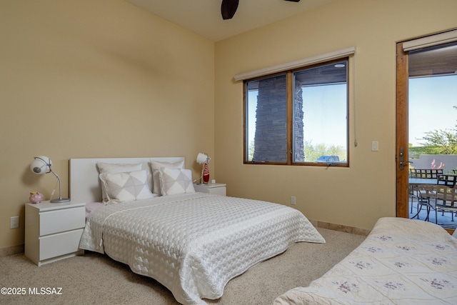 bedroom with baseboards, a ceiling fan, access to outside, and light colored carpet