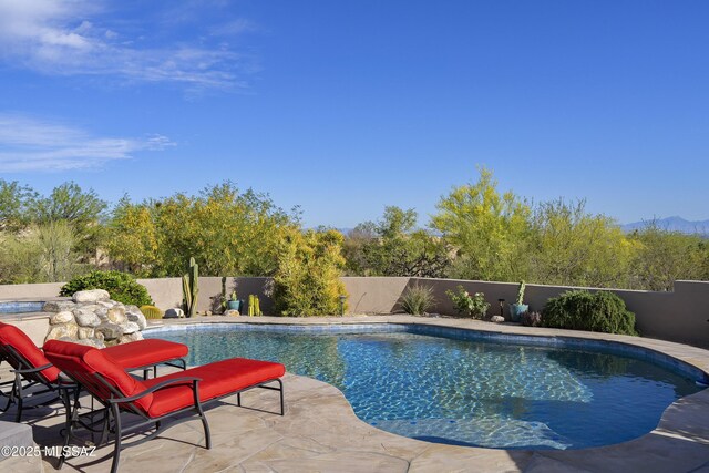 view of pool with a fenced in pool, a fenced backyard, and a patio