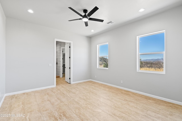 unfurnished bedroom with recessed lighting, visible vents, ceiling fan, and baseboards