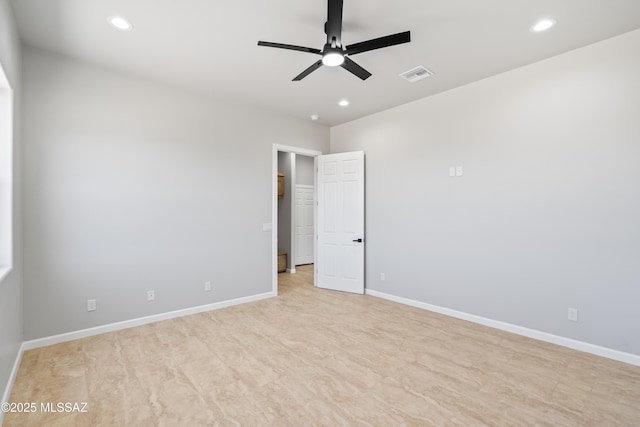 empty room with visible vents, a ceiling fan, recessed lighting, and baseboards