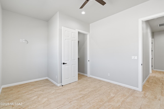 unfurnished room with recessed lighting, a ceiling fan, visible vents, and baseboards
