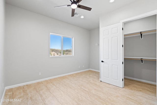 unfurnished bedroom with recessed lighting, a closet, a ceiling fan, visible vents, and baseboards