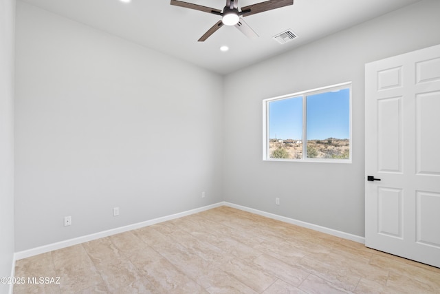 empty room with baseboards, visible vents, ceiling fan, and recessed lighting