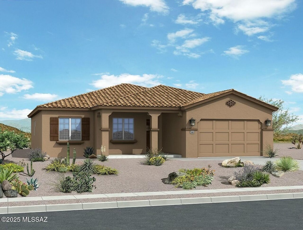 mediterranean / spanish house featuring a porch, a garage, driveway, a tiled roof, and stucco siding
