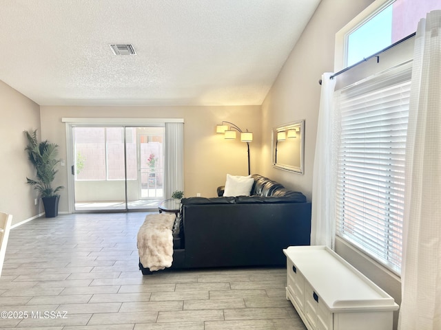 living area with a textured ceiling, visible vents, and a healthy amount of sunlight