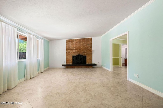 unfurnished living room featuring crown molding, baseboards, a fireplace, and a textured ceiling