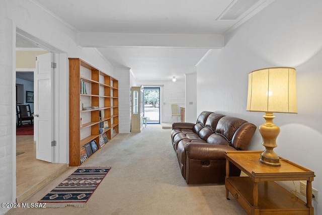 living area with visible vents, ornamental molding, and light carpet