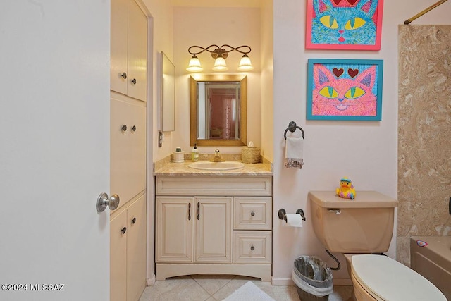 bathroom with vanity, toilet, tile patterned floors, a washtub, and a shower