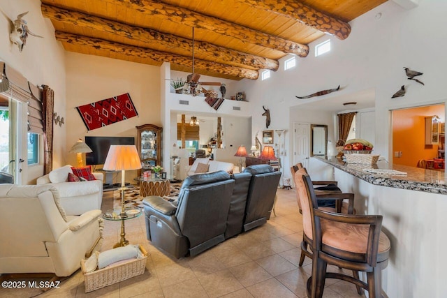7871 W Tree Frog Trl, Tucson, AZ 85735 - living room with wood ceiling, a high ceiling, tile patterned flooring, and beam ceiling