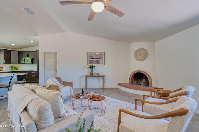 4921 N Boyd Ln, Tucson, AZ 85750 - living area featuring ceiling fan, a brick fireplace, recessed lighting, lofted ceiling, and visible vents