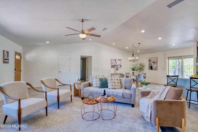 4921 N Boyd Ln, Tucson, AZ 85750 - living area featuring visible vents, recessed lighting, ceiling fan with notable chandelier, and vaulted ceiling
