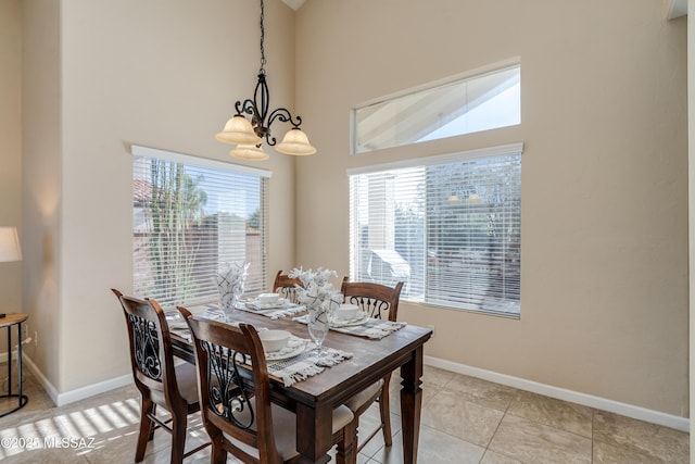 10261 N Wild Turkey Ln, Oro Valley, AZ 85737 - dining space with baseboards, a notable chandelier, high vaulted ceiling, and a healthy amount of sunlight