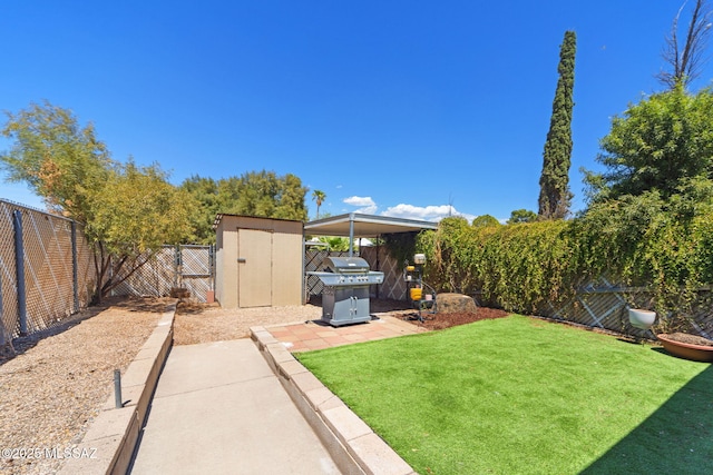 view of yard with a fenced backyard, a storage unit, and an outdoor structure