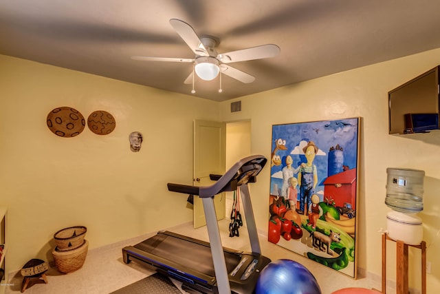 exercise area with a ceiling fan and visible vents