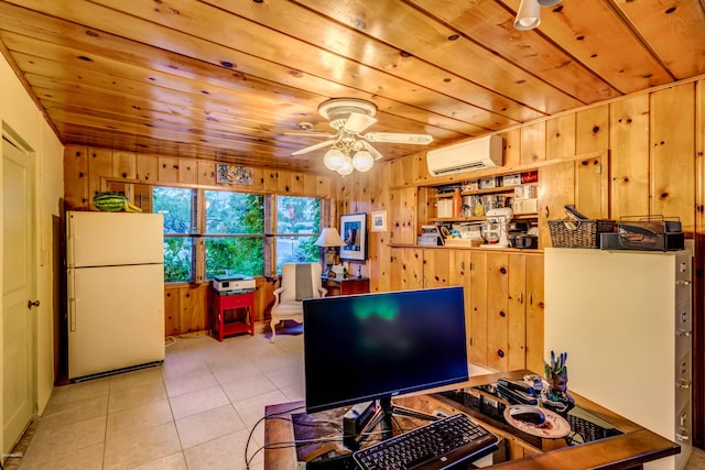 home office with wooden ceiling, ceiling fan, a wall unit AC, and wood walls