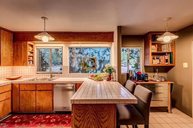 kitchen featuring tile counters, backsplash, a healthy amount of sunlight, and stainless steel dishwasher