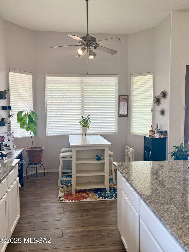 13960 E Placita Simpatica, Vail, AZ 85641 - kitchen with a ceiling fan, a kitchen breakfast bar, and dark stone counters