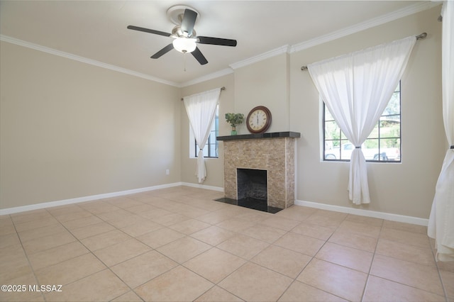 1025 N Perry Ave, Tucson, AZ 85705 - unfurnished living room featuring crown molding, a ceiling fan, a fireplace with flush hearth, and plenty of natural light