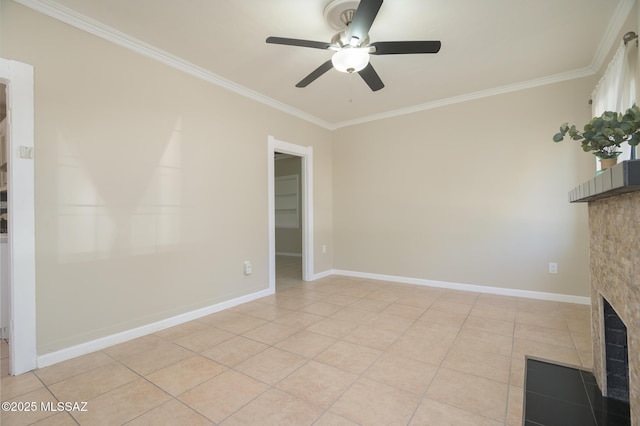 1025 N Perry Ave, Tucson, AZ 85705 - unfurnished living room with light tile patterned floors, ornamental molding, ceiling fan, a fireplace, and baseboards