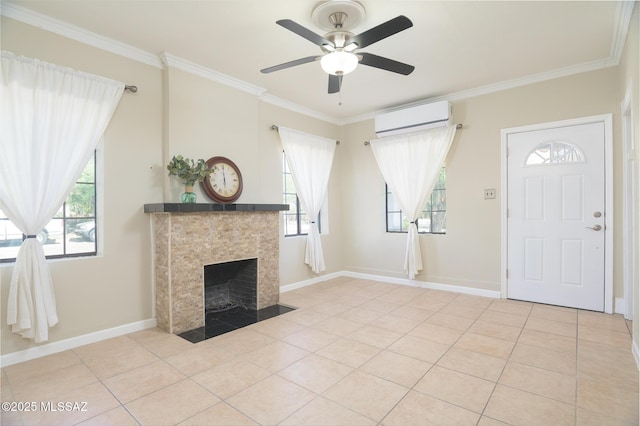 1025 N Perry Ave, Tucson, AZ 85705 - unfurnished living room with a wall unit AC, light tile patterned floors, a wealth of natural light, a ceiling fan, and ornamental molding