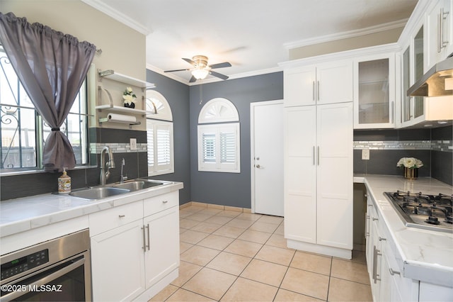 1025 N Perry Ave, Tucson, AZ 85705 - kitchen featuring a sink, tasteful backsplash, a ceiling fan, white cabinetry, and appliances with stainless steel finishes