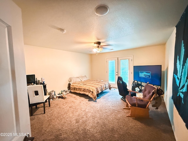 2692 W Dove Ln, Thatcher, AZ 85552 - carpeted bedroom featuring a textured ceiling, a ceiling fan, french doors, and access to outside