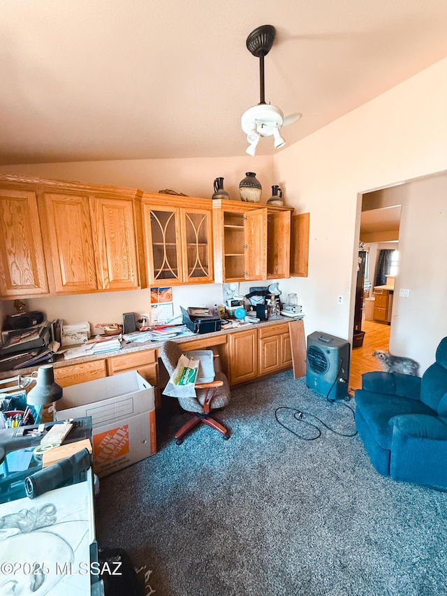 2692 W Dove Ln, Thatcher, AZ 85552 - kitchen featuring vaulted ceiling, carpet flooring, open shelves, hanging light fixtures, and light countertops