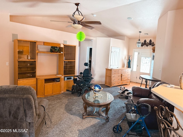 2692 W Dove Ln, Thatcher, AZ 85552 - living room featuring light carpet, a ceiling fan, and lofted ceiling
