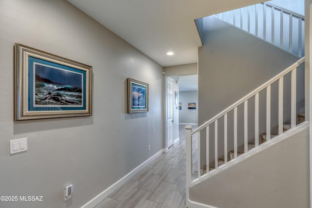 12100 E Ryscott Cir, Vail, AZ 85641 - hall featuring baseboards, recessed lighting, stairway, and wood tiled floor
