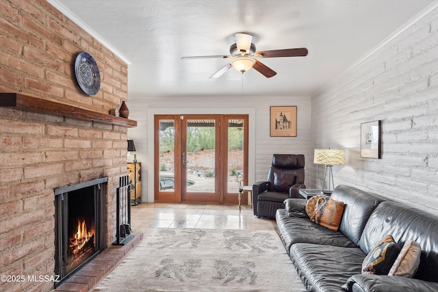 5920 N Campbell Ave, Tucson, AZ 85718 - living room featuring ceiling fan, crown molding, and a fireplace