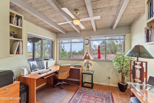 5920 N Campbell Ave, Tucson, AZ 85718 - office area with wooden ceiling with exposed beams, plenty of natural light, and a ceiling fan