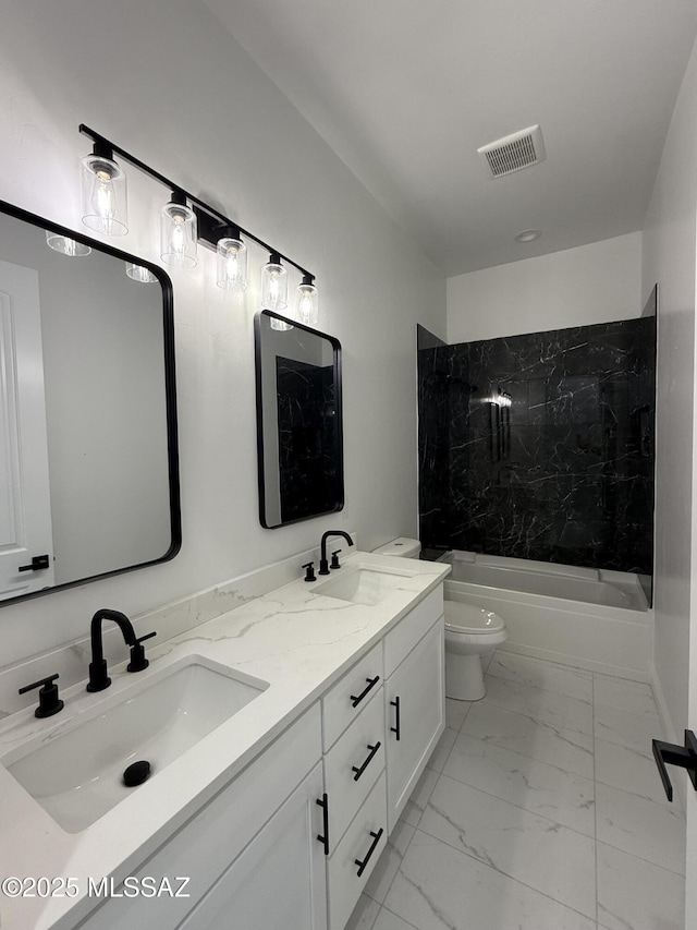 full bath with visible vents, toilet, marble finish floor, and a sink