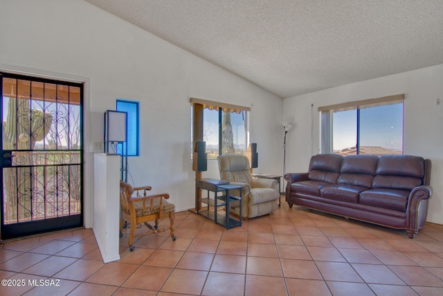 4050 S Melpomene Way, Tucson, AZ 85730 - living area with a textured ceiling, light tile patterned flooring, vaulted ceiling, and a wealth of natural light