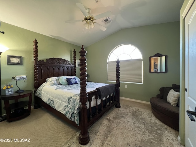 bedroom featuring a ceiling fan, visible vents, vaulted ceiling, baseboards, and carpet flooring