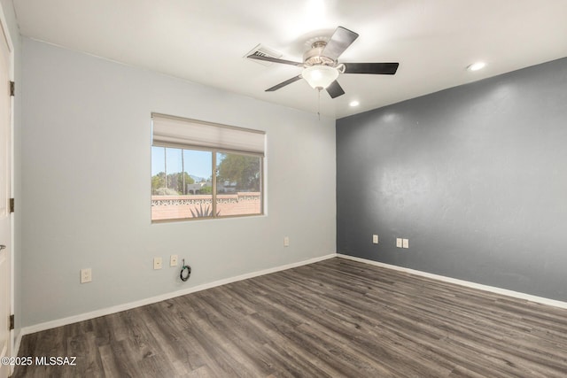 spare room featuring a ceiling fan, baseboards, recessed lighting, wood finished floors, and visible vents