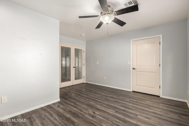 empty room with french doors, baseboards, and visible vents
